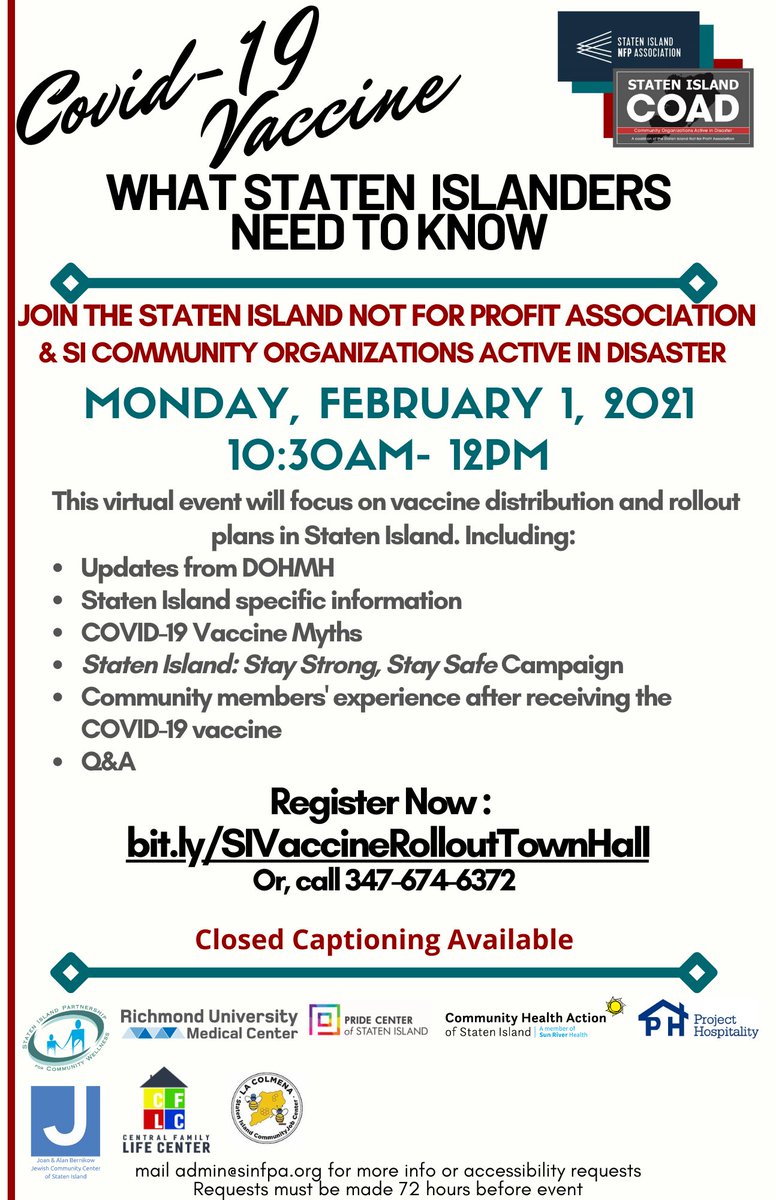 NonprofitSI's tweet photo. Join us & the #SICOAD on Monday February 1, 2021 at 10:30AM for a Virtual Town Hall “COVID-19 Vaccine: What Staten Islanders Need To Know.” It will focus on the vaccine distribution & roll out on #StatenIsland. Register Now: https://t.co/YtJ01NeQ9k #siny https://t.co/Ks69BztBFd