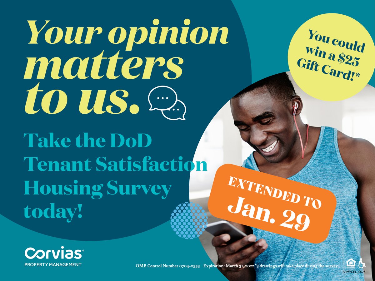 RileyResidents's tweet image. The deadline to take the DoD Tenant Satisfaction Housing Survey has been extended! Please take the time to complete this short, anonymous online survey. Check your inbox for more details and a link to the survey.