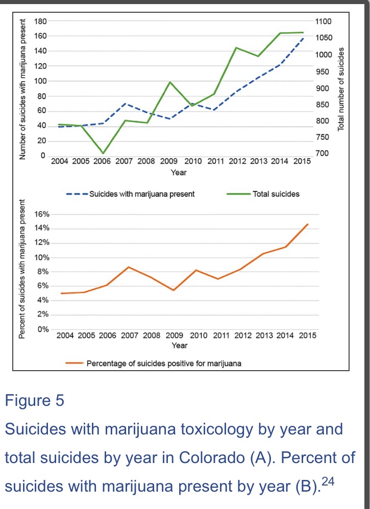 ‘In the most recent data on Colorado adolescent suicides, marijuana was the most common substance present for ages 10–19 in 2016...... This trend has been increasing since liberalization of marijuana policy in 2010’ https://www.ncbi.nlm.nih.gov/pmc/articles/PMC6625695/
