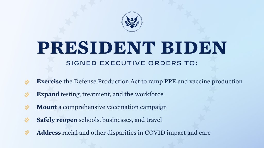 WhiteHouse46's tweet photo. Today’s executive actions represent our Administration’s effort to aggressively change the course of COVID-19 by expanding testing, vaccinating more people, protecting those most at risk, and addressing racial and other disparities in COVID impact and care. https://t.co/AgWtxAyFhO