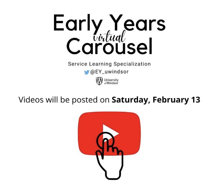 Make this Family Day weekend one to remember by taking part in Early Years Virtual Carousel. Videos will be posted on Sat, Feb. 13, 2021. Visit our YouTube Channel on Feb. 13 to access all of our Family Day 2021 activities: youtube.com/channel/UC8q0o… @EY_uwindsor #earlyyearscarousel