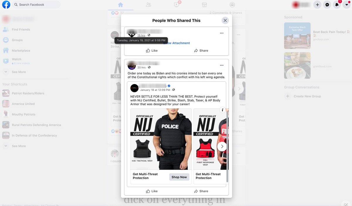 Another example, Facebook said it would be pausing gun accessory and body armor ads in the lead up to the inauguration after our reporting:  https://www.buzzfeednews.com/article/ryanmac/facebook-pauses-ads-for-gun-accessories-and-military-gearIt did not. Here is one ad from Tuesday.