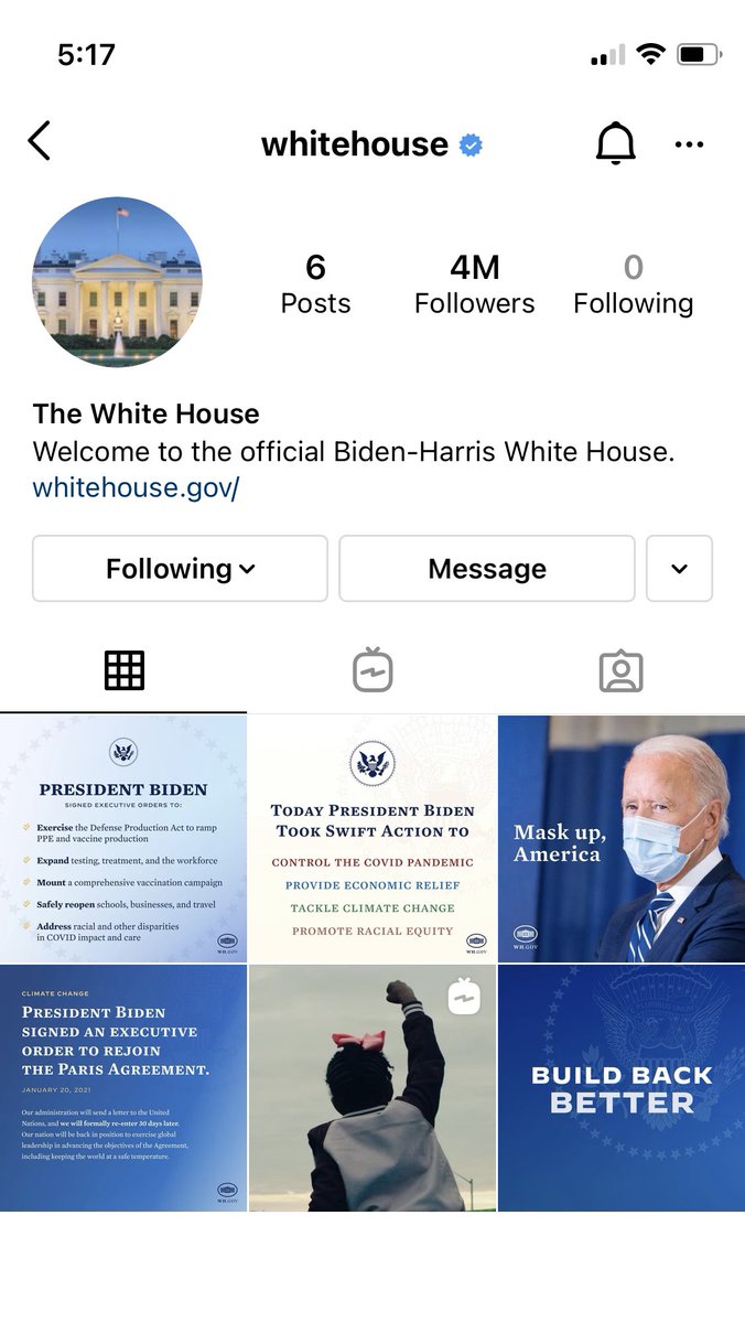 officialjenc's tweet photo. I have unfollowed the White House account on Instagram 3 times today and blocked them once and STILL they keep adding me back as a follower and showing up on my feed!!! They take Trump away and force Biden on you!!!! @MELANIATRUMP @DonaldJTrumpJr https://t.co/taBTPoKdYg
