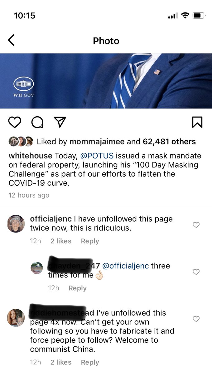 officialjenc's tweet photo. I have unfollowed the White House account on Instagram 3 times today and blocked them once and STILL they keep adding me back as a follower and showing up on my feed!!! They take Trump away and force Biden on you!!!! @MELANIATRUMP @DonaldJTrumpJr https://t.co/taBTPoKdYg