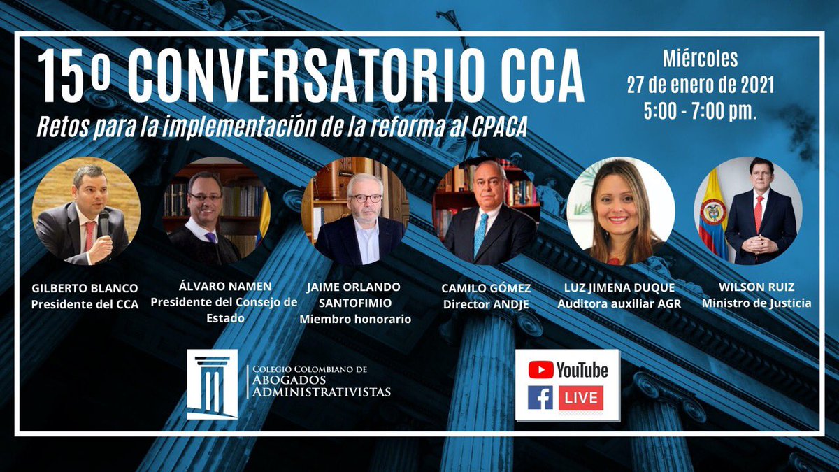 cabogadosa1's tweet photo. 15º CONVERSATORIO CCA | Retos para la implementación de la reforma del CPACA.

GILBERTO BLANCO
ÁLVARO NAMEN
JAIME ORLANDO SANTOFIMIO  CAMILO GÓMEZ 
LUZ JIMENA DUQUE
WILSON RUIZ 
                                                             Miércoles 27 de enero 5:00pm https://t.co/NnT5g9mNU1