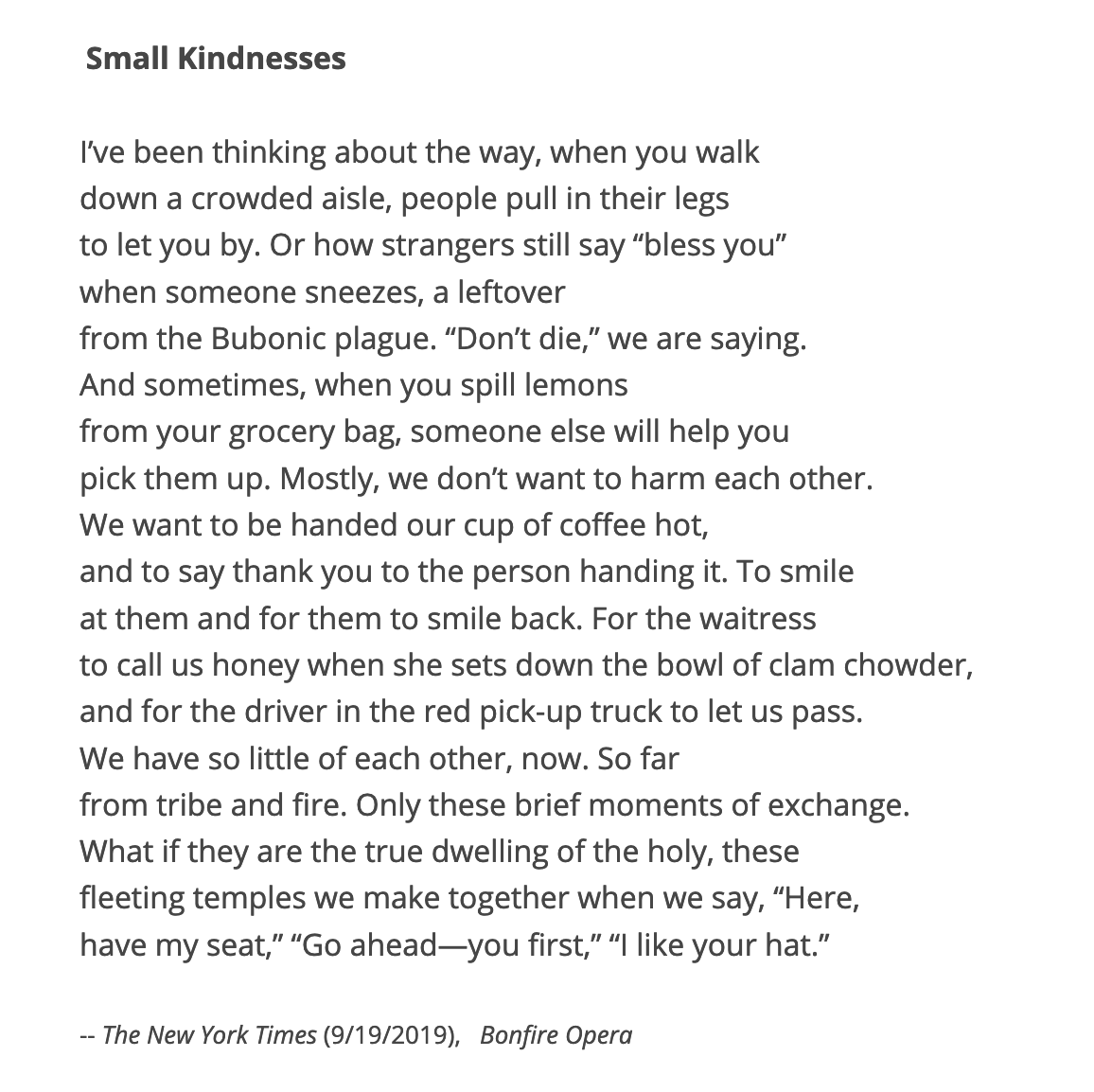 In a time of healing, a poem by Danusha Laméris. Thanks to Sarah Fiedeldey for sharing this with me.