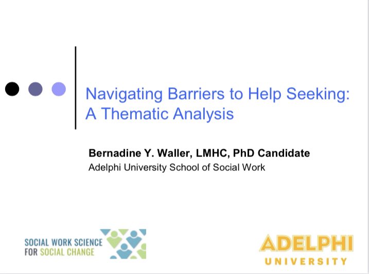 ProfBernadineW's tweet photo. Always #grateful for the opportunity to represent @AdelphiU @AdelphiSW and share my #research. Today’s #presentation challenged #serviceproviders to provide more #immediatehelp to #AfricanAmerican women... #SSWR2021 #domesticviolence #disrupt #phdcandidate https://t.co/CNBJeFPQO5