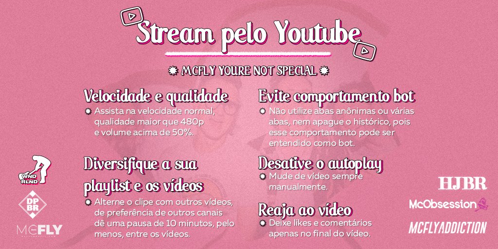 E vamos de Stream/Watch Party de You’re Not Special!?
Vamos curtindo a playlist do YouTube que fizemos para vocês:
youtube.com/playlist?list=…
E não se esqueçam de tweetar bastante com a tag MCFLY YOURE NOT SPECIAL !!

Na imagem algumas regrinhas para contabilizar stream no YouTube!