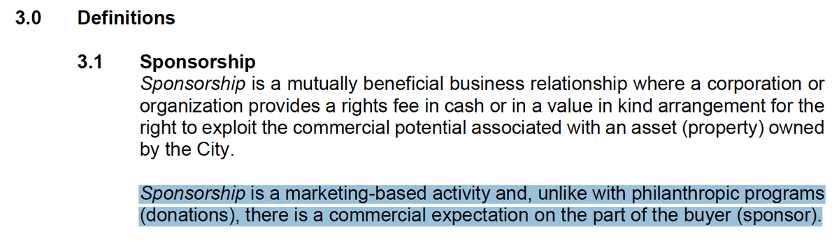 From definitions, the notion that sponsorships are not philanthropy. Seems pretty important. In the online discourse, it's almost like, by excluding fossil fuels, we're turning down some generous gift. It's not a friggin gift, it's a product we're selling. /6  #yqrcc