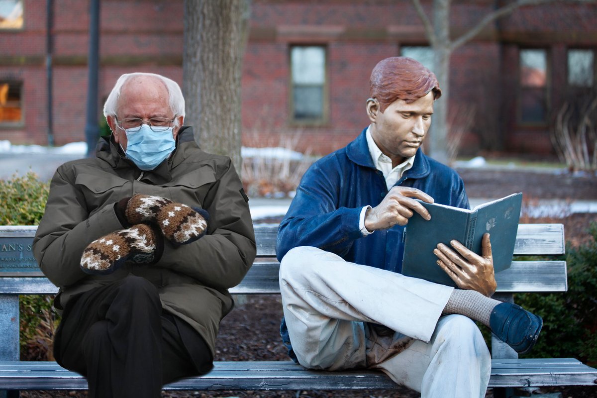 MillikinU's tweet photo. We think Bernie is giving off Bronze Man vibes. Where else do you think Bernie would hang out on campus? Let us know!
#millikinu #bronzeman #berniesmittens https://t.co/4ObbNeI2TN