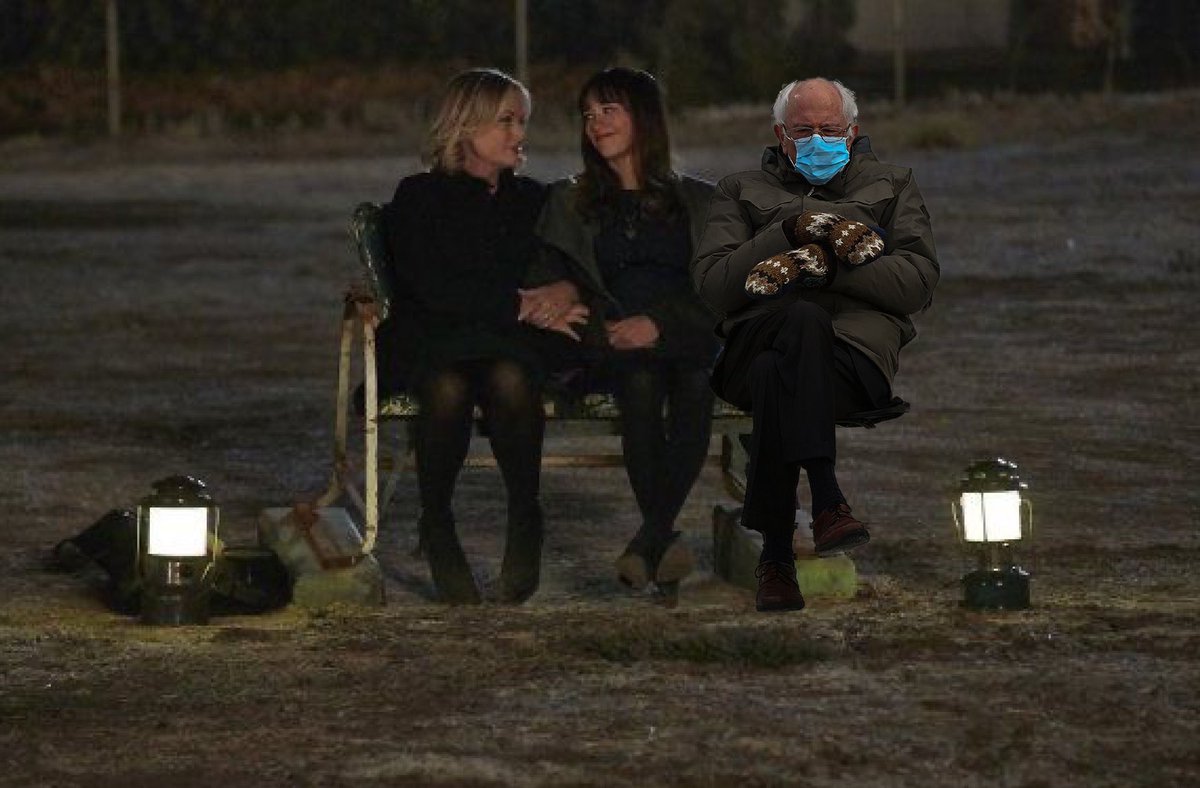 berniewarmhands's tweet photo. bernie on a bench in a pit #berniesmittens #parksandrecreation https://t.co/ozoKEHRJMX