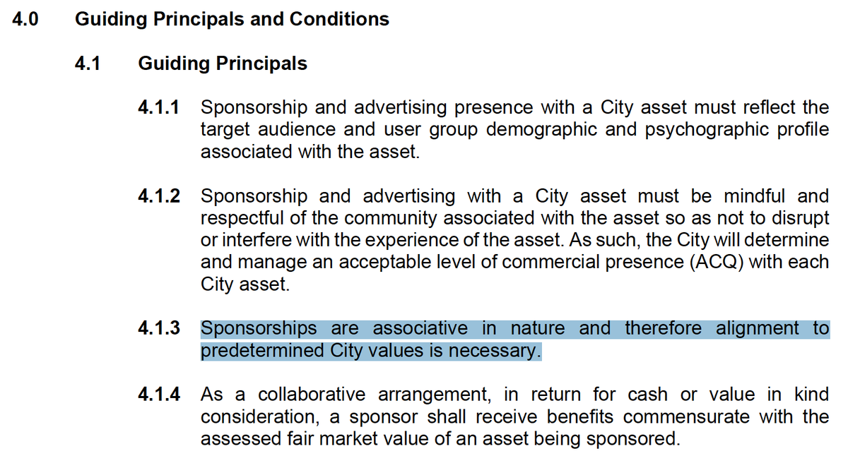 Also of note, Guiding Principles. Here you have this idea that potential sponsorship partners should align w/ city values. /11  #yqrcc