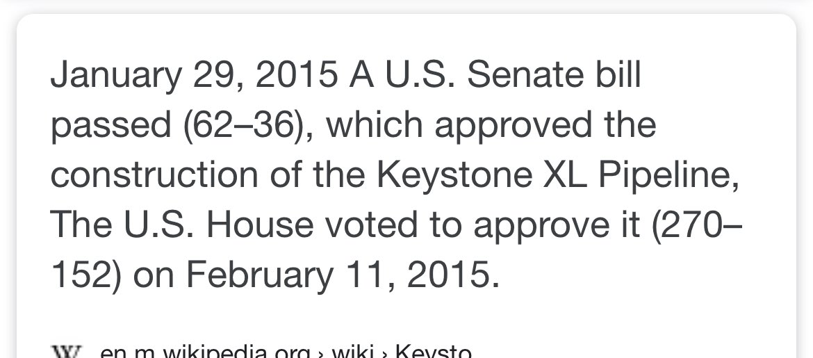 Here is the evidence (easier to point people to it, prior to being asked) that the pipeline was approved by a US Senate bill, and was passed by the Congress in February 2015.Do you know you whose signature is on this bill (even though it was later vetoed by Obama)? 2/