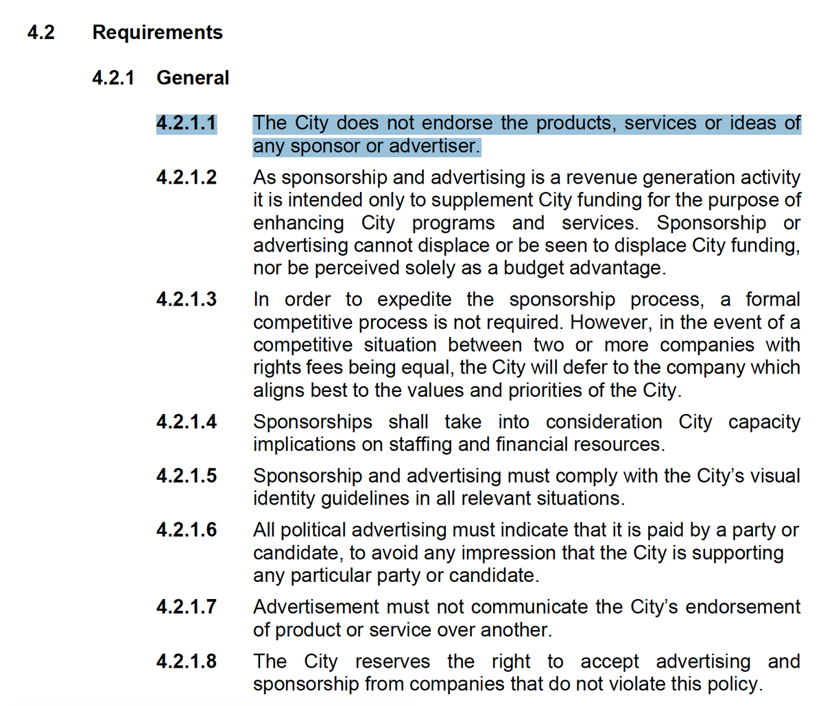 In Requirements we get the notion that sponsorship/advertising ≠ a city endorsement. Kinda cuts against the notion that taking oil&gas $$ means city is okey dokey w/ fossil fuel economy. But then, sponsorships have to align w/ city values & city's goal is 100% renewable so… /12