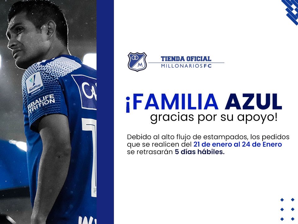 MillosFCoficial's tweet photo. ¡Familia Azul gracias por su apoyo! 💙⚽️ Debido al alto flujo de estampados, los pedidos que se realicen del 21 al 24 de enero se retrasarán 5 días hábiles. 📦Ⓜ️ https://t.co/9OsebEAUwH https://t.co/QAycFlVQwh