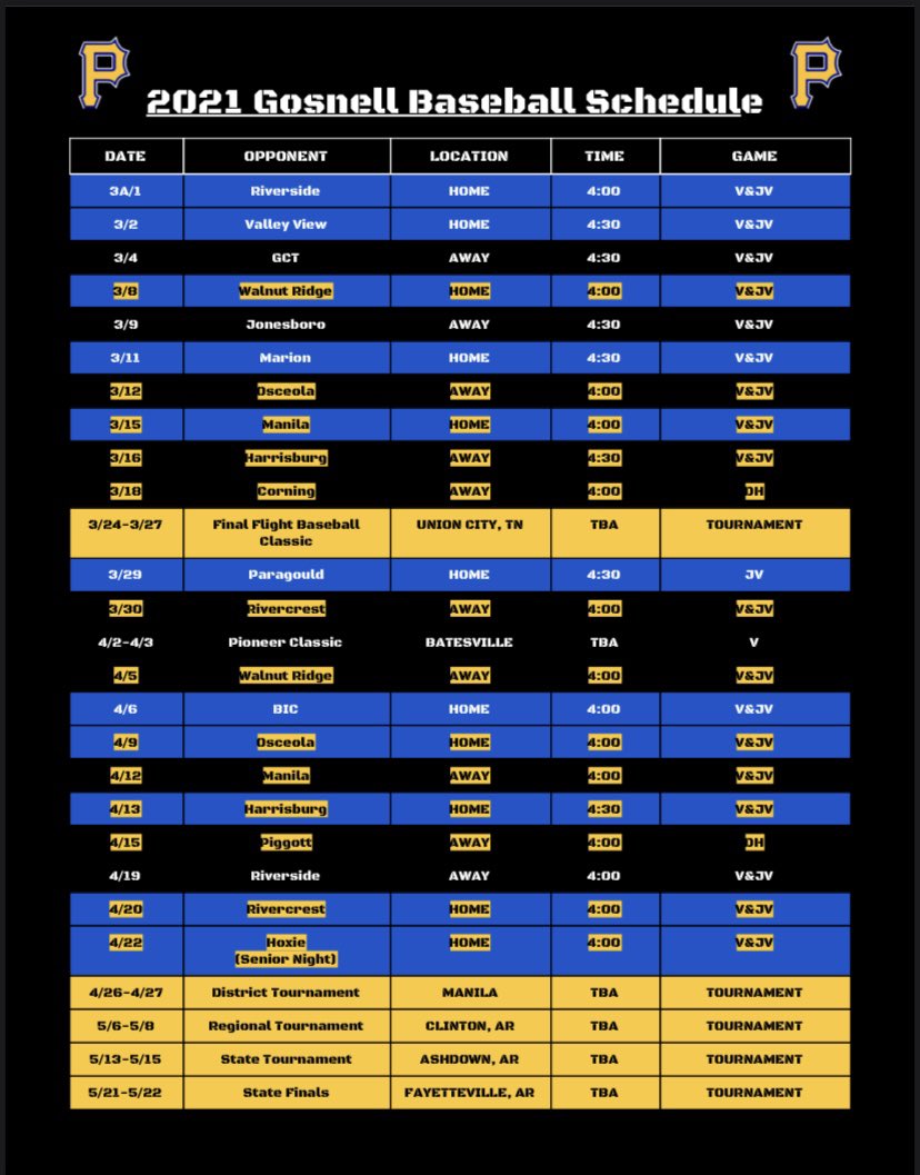 GosnellBaseball's tweet photo. 2021 Gosnell Baseball schedule #PirateBaseball #PirateNation #EarnIt https://t.co/SInvNb70RX