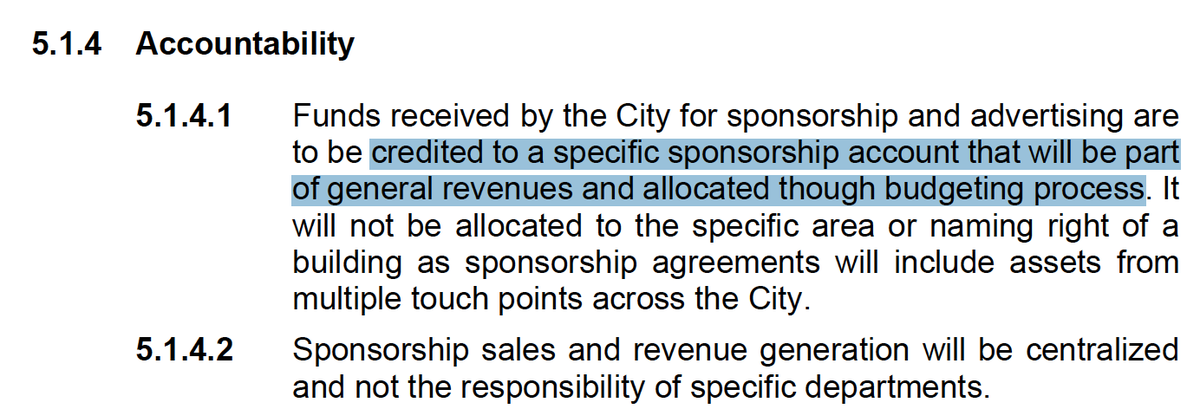 Also from Requirements, idea that sponsorship $$ is to ENHANCE programs & services, not replace city funding. Later we learn, sponsorship $$ go to a fund w/in general revenue. This feels important. /13