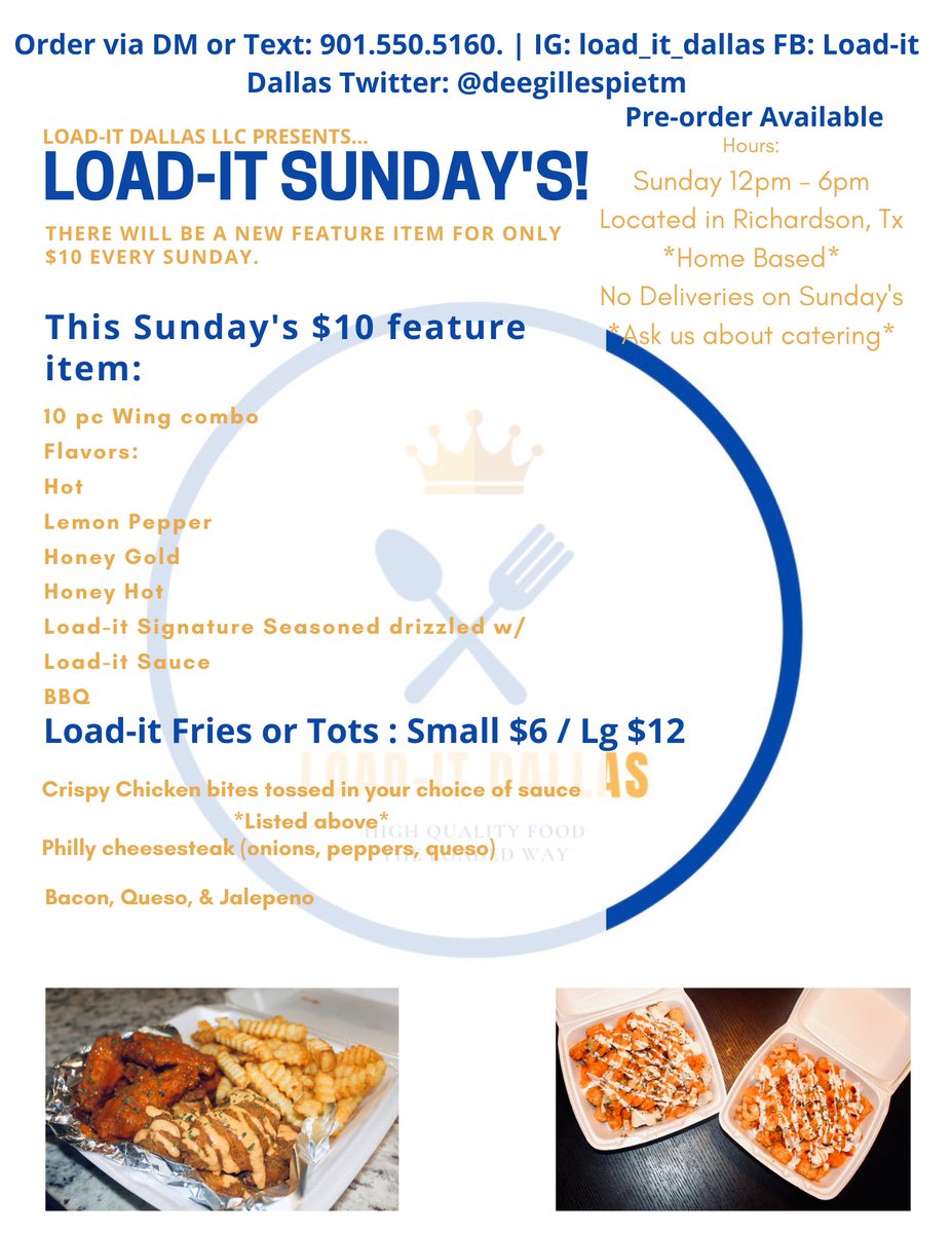 deegillespietm's tweet photo. A simple RT would be very appreciated to help me launch my home based cooking business in the Dallas area! I cater, meal prep, &amp; sale plates that are high quality for a reasonable price! Thank you so much for the support &amp; follow us on IG @Load_it_Dallas ! OPEN THIS SUNDAY! TY👑 https://t.co/d37LvBA9Fe