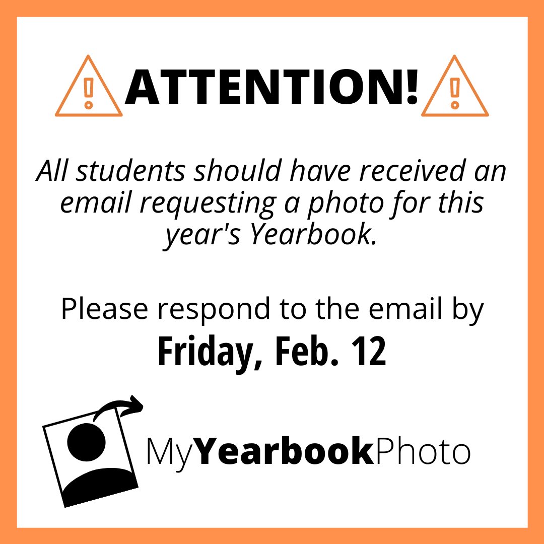 HooverPates's tweet photo. YEARBOOK PHOTOS: Time is running out! Please submit a photo of yourself for this year’s yearbook by Friday, February 12th. All students should have received an email to upload their photo. Swipe to see an image of what the email looks like. https://t.co/vVdLmeMhZC