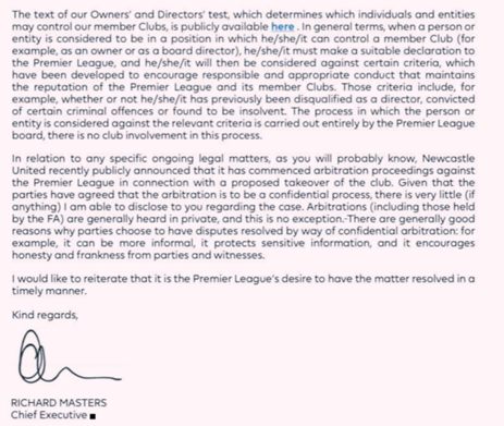 Now we all remember the letter that the EPL sent to Liz Twist?Dated the 23 December 2020 it states that NUFC “recently publicly announced that it has commenced arbitration proceedings against the Premier League”. /3