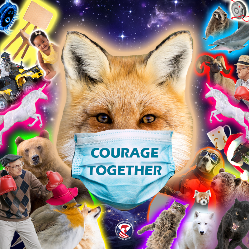 Quinn the Quarantine fox wearing a mask that says "Courage Together" surrounded by all of the other CPSC safety characters.