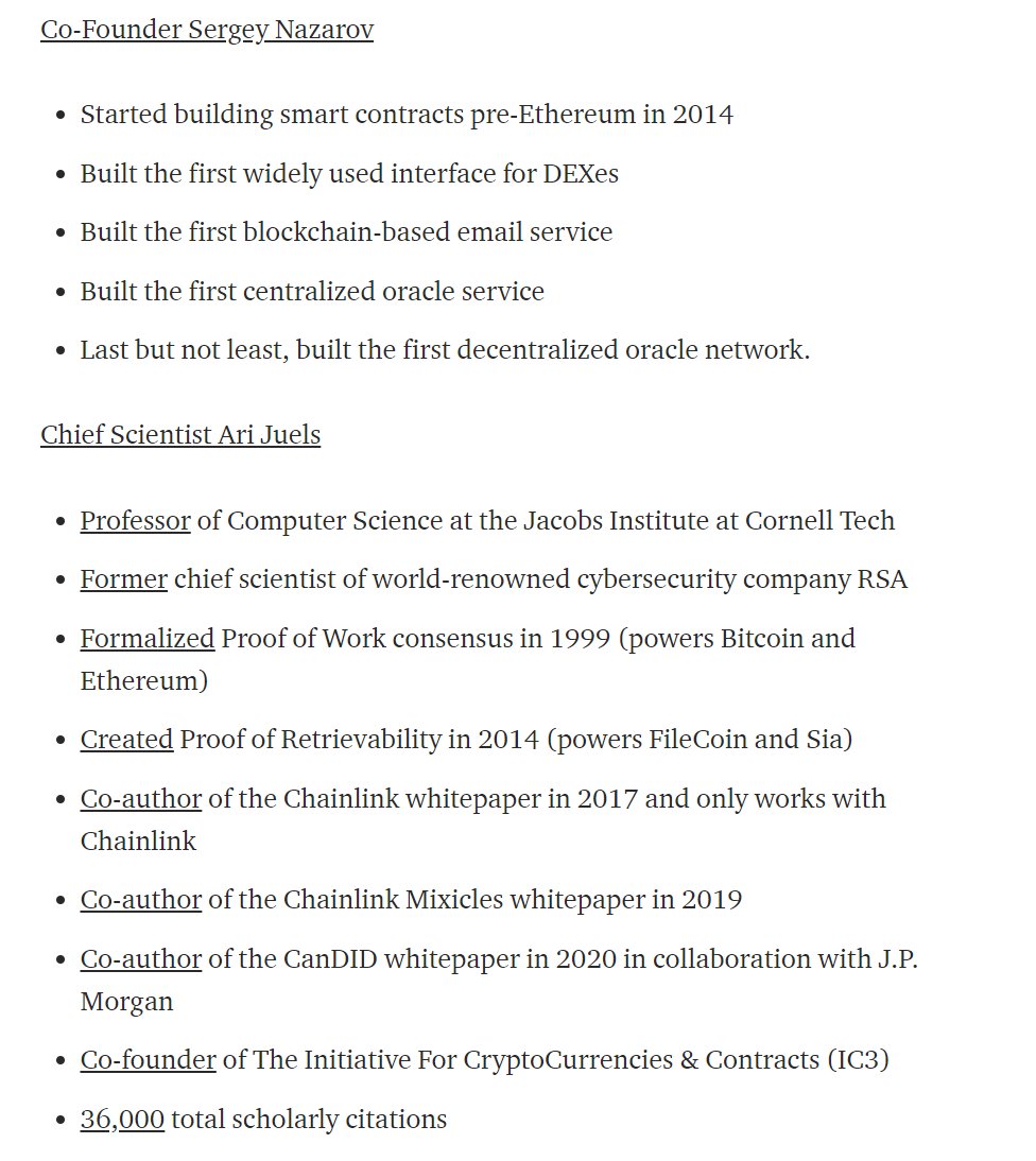 45/ Some of the most prominent team members includesCo-founder Sergey Nazarov ( @SergeyNazarov)Chief Scientist Ari Juels ( @AriJuels)Head of Engineering Ben Chan ( @bencxr)CTO Steve Ellis ( @streamOfCo)CMO Adelyn Zhou ( @adelynzhou)