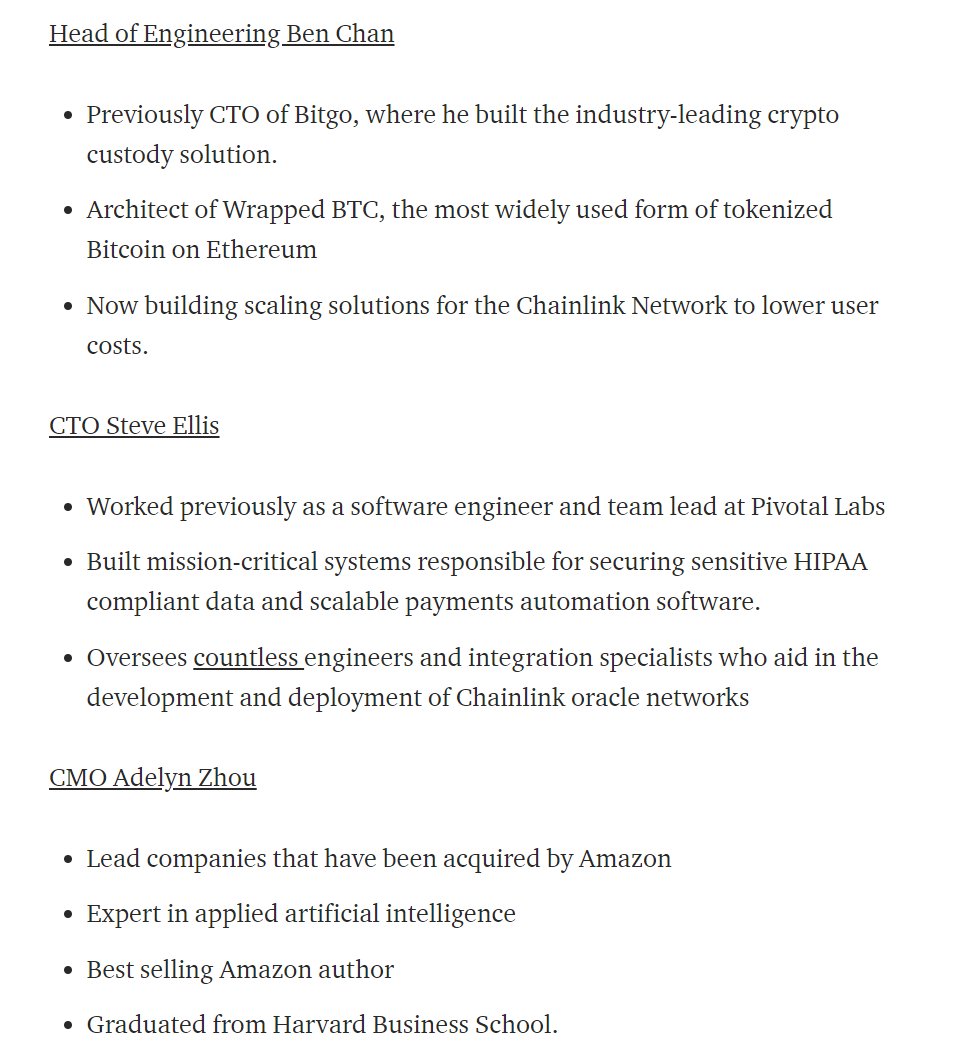 45/ Some of the most prominent team members includesCo-founder Sergey Nazarov ( @SergeyNazarov)Chief Scientist Ari Juels ( @AriJuels)Head of Engineering Ben Chan ( @bencxr)CTO Steve Ellis ( @streamOfCo)CMO Adelyn Zhou ( @adelynzhou)