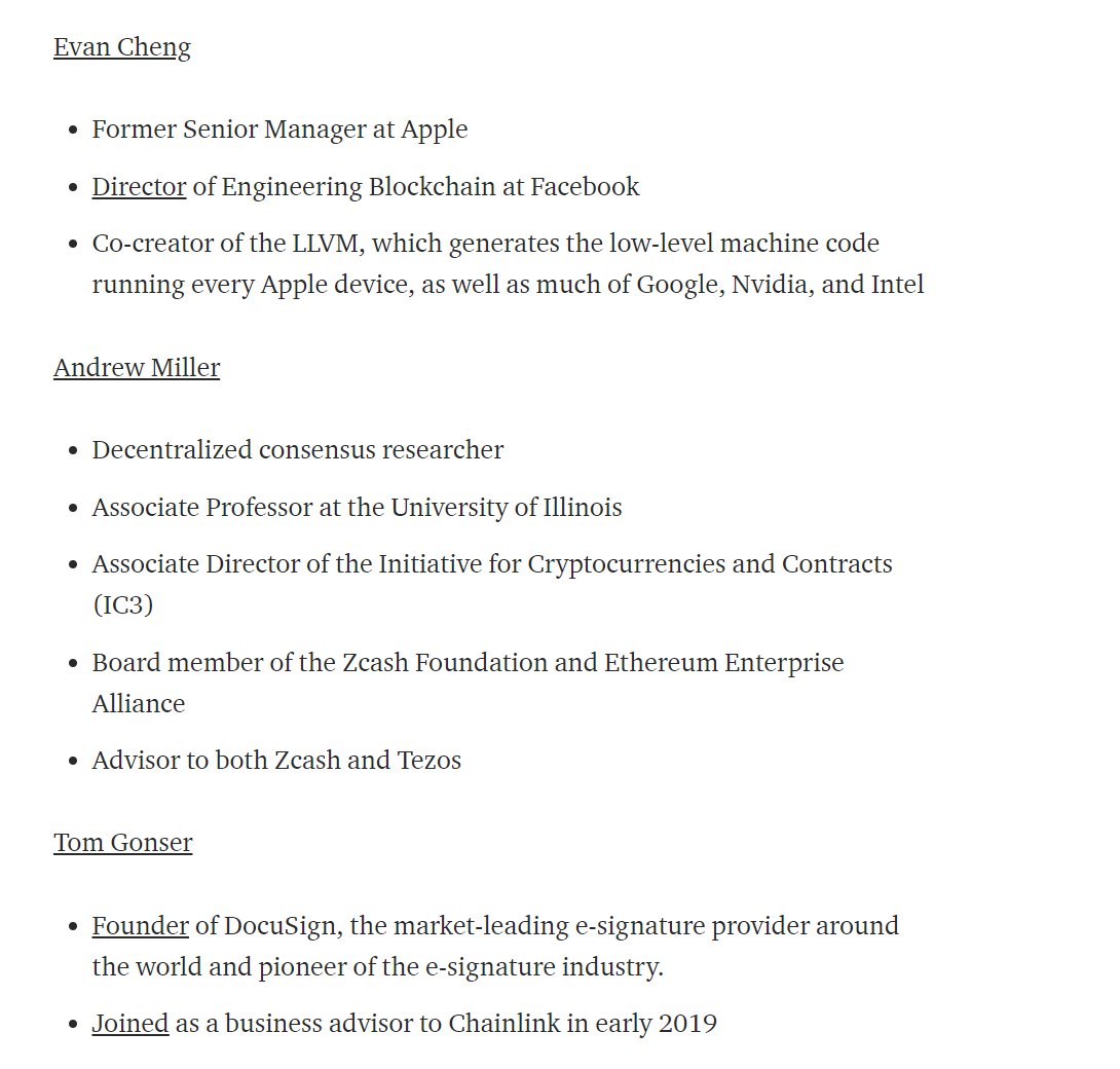 46/ The Chainlink Network is also support by a top tier list of accomplished academic and business advisorsEvan Cheng ( @TheBeet1)Andrew Miller ( @socrates1024)Tom Gonser ( @tgonser)This includes a full-time research team focused on improving the Chainlink Network