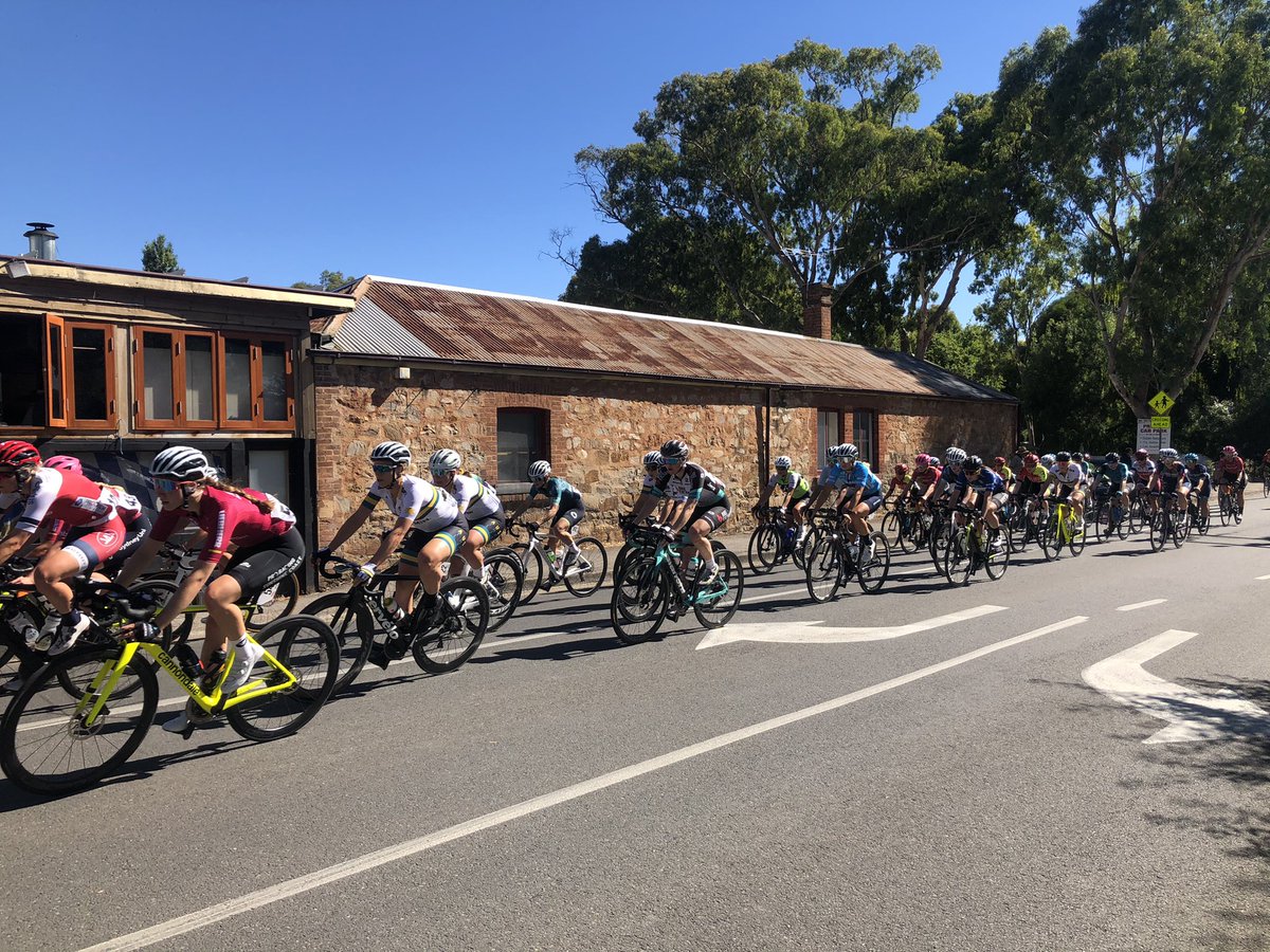 Women’s peloton hits Hahndorf <a href="/tourdownunder/">Santos Tour Down Under 🚴🚴‍♀️</a> Festival of Cycling. After a loop thru Mt Barker they will be back at other end of the Main Street, going past Ambleside distillery. No time for a G&amp;T.
