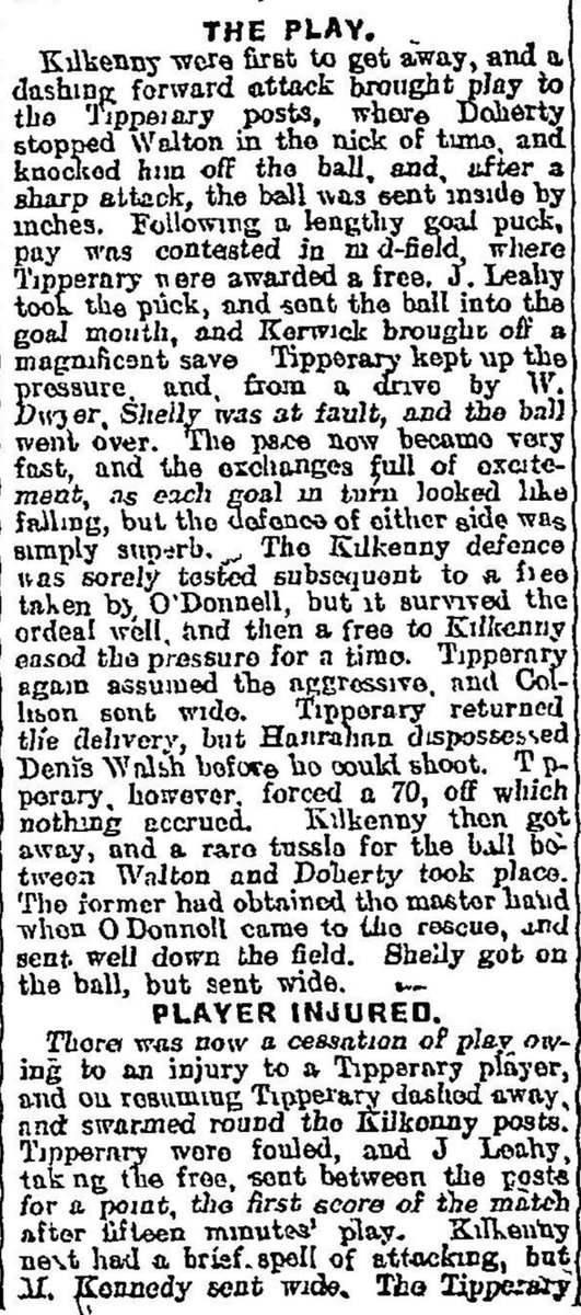 Dick Walsh then struck for the games opening goal for  @TipperaryGAA before the  @KilkennyCLG captain Sim Walton of  @TullaroanHurlin got the Cats off the mark with a point which left the halftime score line  @TipperaryGAA 1-02 to 0-01 for  @KilkennyCLG  #corkhurlinghistory