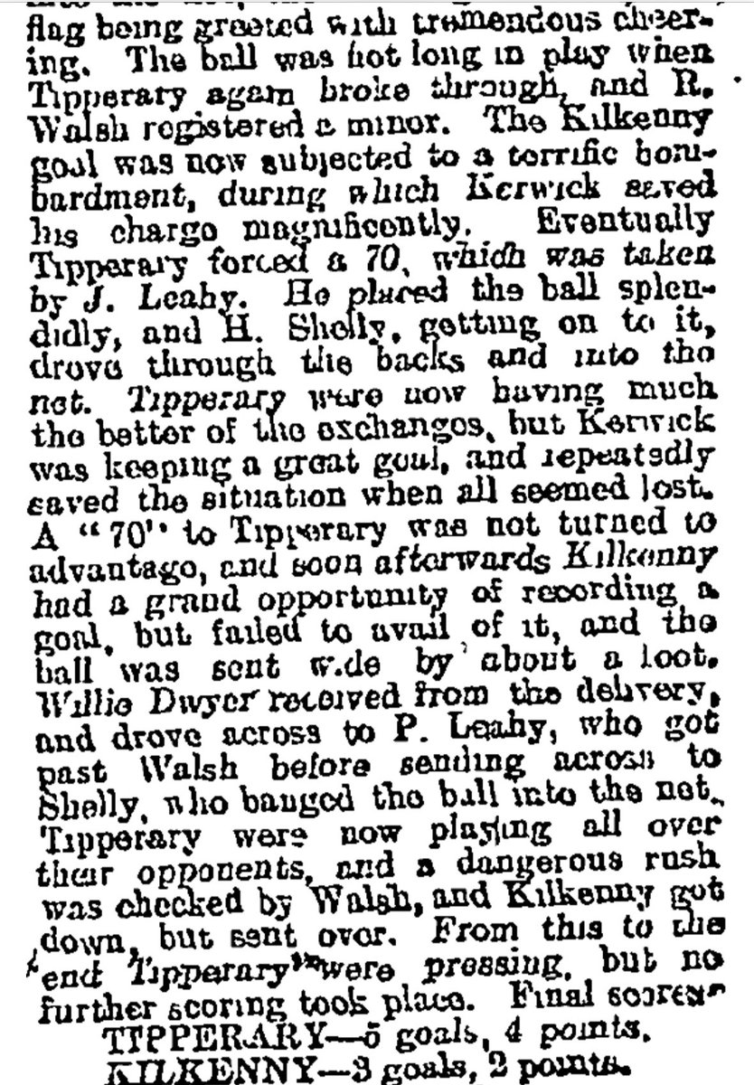 Hugh Shelly of  @thurlessars then completed his hat trick of goals seal a famous victory and a ninth title for  @TipperaryGAA on a final score line of 5-04 to 3-02 for  @KilkennyCLG. The match referee was Mr. Willie Walsh of  @WaterfordGAA  #corkhurlinghistory