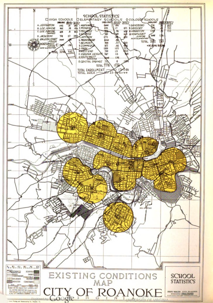 "Colored Schools" are included on this map (denoted with diamonds) but do not get the big yellow buffers the segregated white schools get, so can be difficult to see.