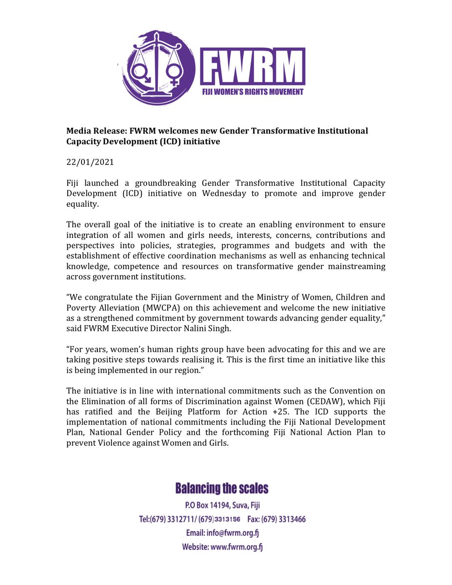 Fiji Women S Rights Movement Media Release Fwrm Welcomes New Gender Transformative Institutional Capacity Development Icd Initiative Read More T Co Dgdro2igtx Ministry Fiji Icd Is Supported By The Govts Of Mfatnz And Canada