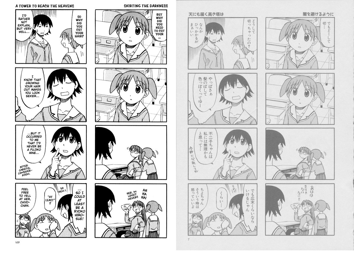 i'm currently in the process of translating volume 2, but volume 3 is interesting because at this point azuma's style is finalized, so there are long stretches of pages that're either untouched or barely touched. here's an example, the only difference here is the screentoning