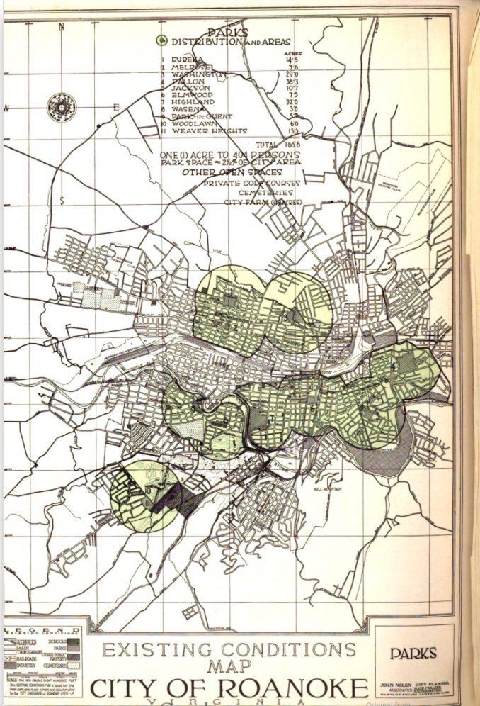 Many parts of Roanoke are close to parks. Many are not. Hashed blob=park, green circle=close to park.