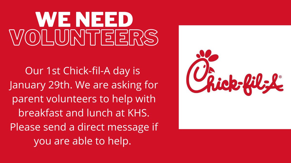 Parents of juniors and seniors, please help our seniors by volunteering for Chick-fil-A day! Send a direct message to sign up.