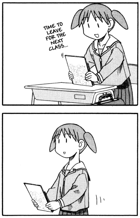 chiyo doesn't change all that much, but she looks a little bit more like yotsuba in the newer panels with a rounder facein earlier comics the pigtails are drawn realistically, but in later ones they're that distinct football shape. this is kept in the remake even in the new art