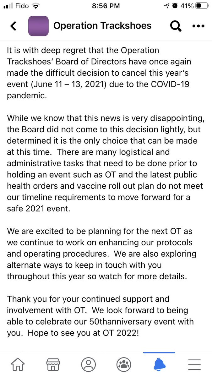 It is with deep regret that the Operation Trackshoes’ Board of Directors have once again made the difficult decision to cancel this year’s event (June 11 – 13, 2021) due to the COVID-19 pandemic. See full message in the image. #OT #Trackshoes #yyjevents