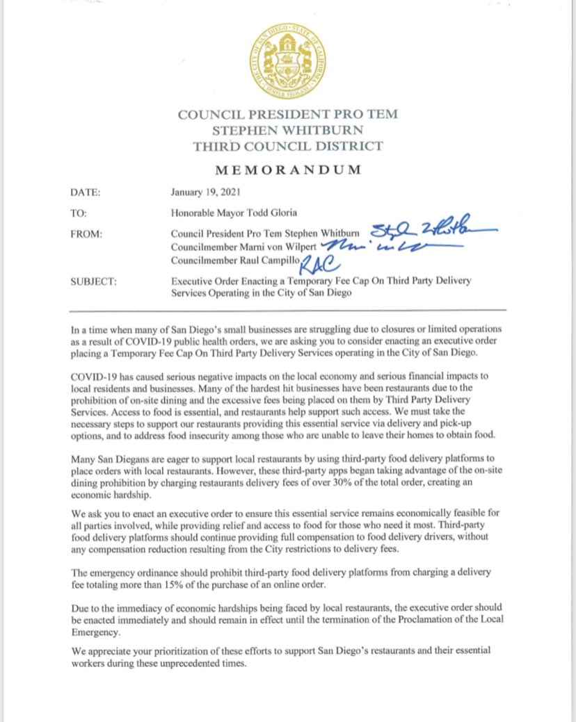 CMWhitburnD3's tweet photo. Today, I joined my City Council colleagues @marnivonwilpert and @CMRaulCampillo in issuing a memo to @MayorToddGloria asking him to consider enacting an executive order to place a Temporary Fee Cap on Third-Party Delivery Services operating within the City. https://t.co/rVptQgg2Id