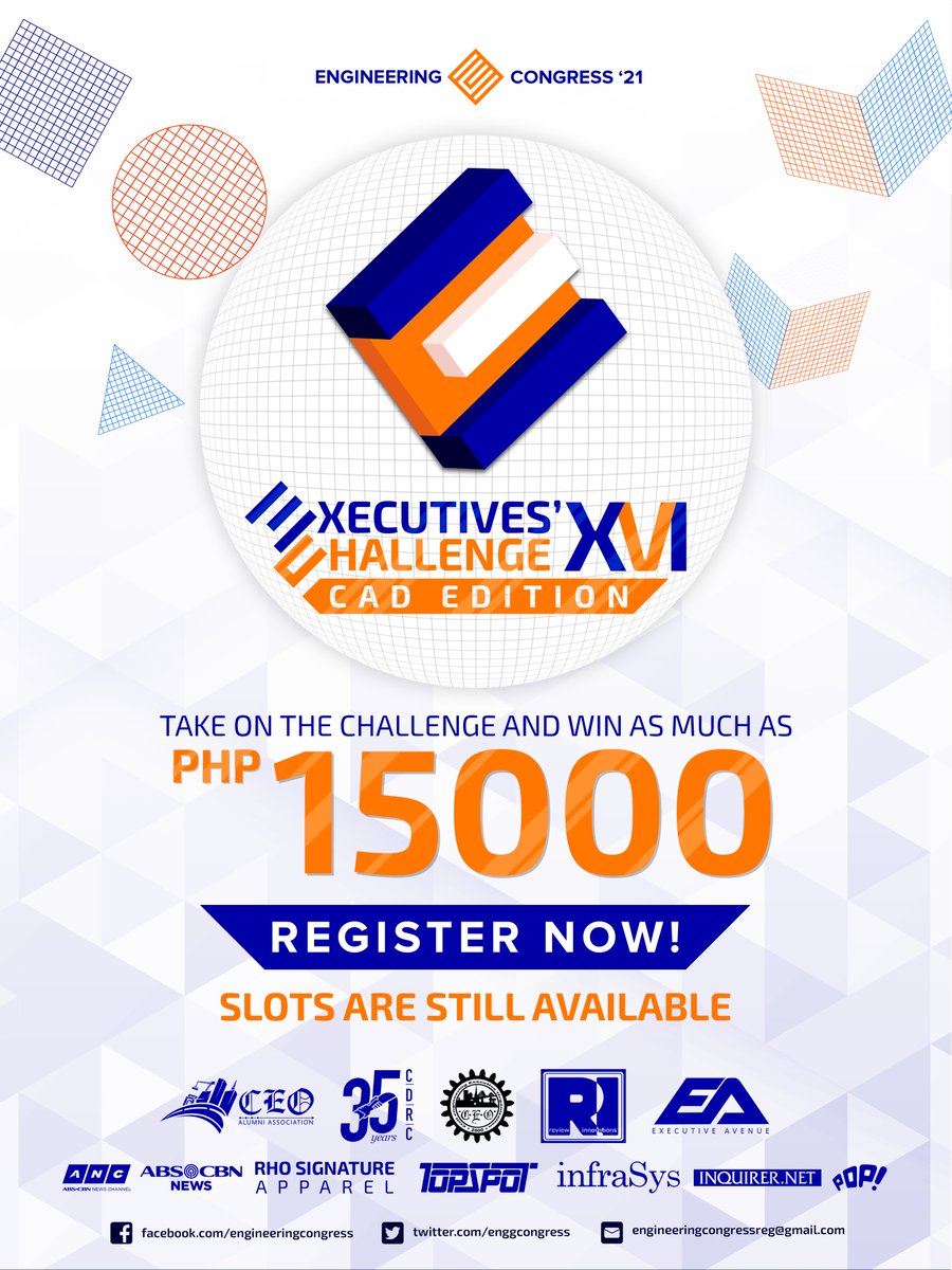 engg_congress's tweet photo. REGISTER NOW!
Slots for the Executives' Challenge: CAD Edition are still available.
Regular registration period is until January 28, 2021 or until all slots are filled.
Register through this link: https://t.co/5CPDfHLnTT
#EC2021
#ChallengeXVI
#CADEdition https://t.co/fPr4vURz7M