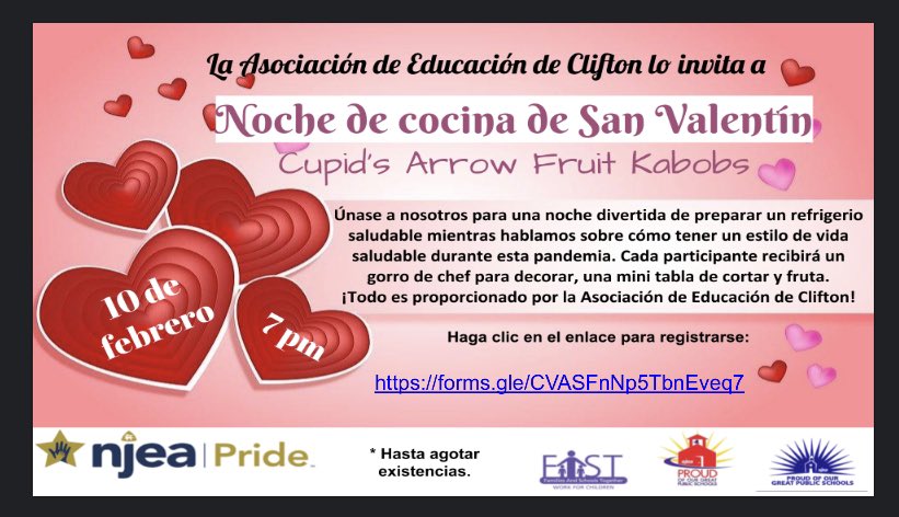 CliftonSchool12's tweet photo. The Clifton Education Association is  hosting a virtual cooking night! Reserve your spot to join in on the fun! @cliftonsupt @cliftonschools @cliftoneducation #oneClifton #cliftonconnects #pandapride🐼 #familyfun https://t.co/h2GreqqKfR