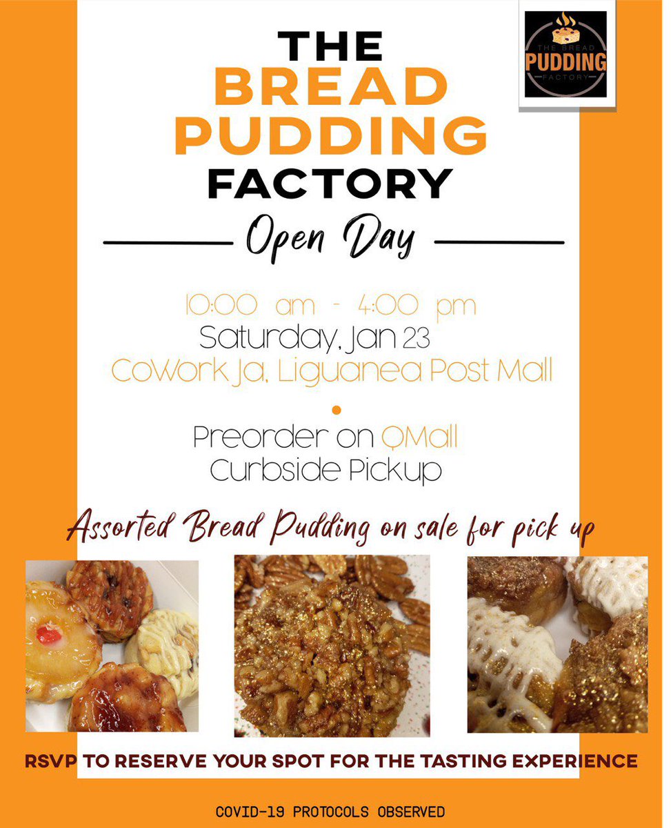 PurplecowKris's tweet photo. The Bread Pudding Factory Open Day this Saturday at @CoworkJa 

Must RSVP for taste testing (Limited spaces) - https://t.co/GquBY98ZZV

If you want to pre-order and pick up on the day - https://t.co/guzXw1uvK8 https://t.co/kADx5k8D4q