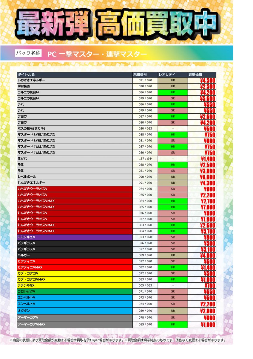 宝島一宮店tcg デュエルスペースが地域で一番 きれいなお店 本日発売 ポケモンカード 一撃マスター 連撃マスター 買取価格表です 皆様の持ち込み お待ちしてます