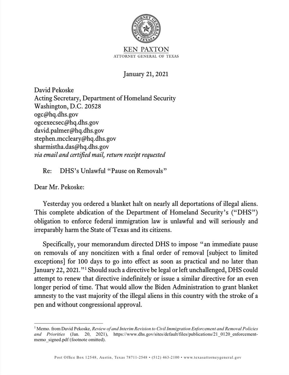TXAG's tweet image. When the @JoeBiden admin breaks the law, I take action. I have told @DHSgov to immediately rescind its illegal, unconscionable deportation freeze—or TX will sue.

As AG, I will always put Americans, Texans first—not dangerous aliens who must be deported!
texasattorneygeneral.gov/news/releases/…