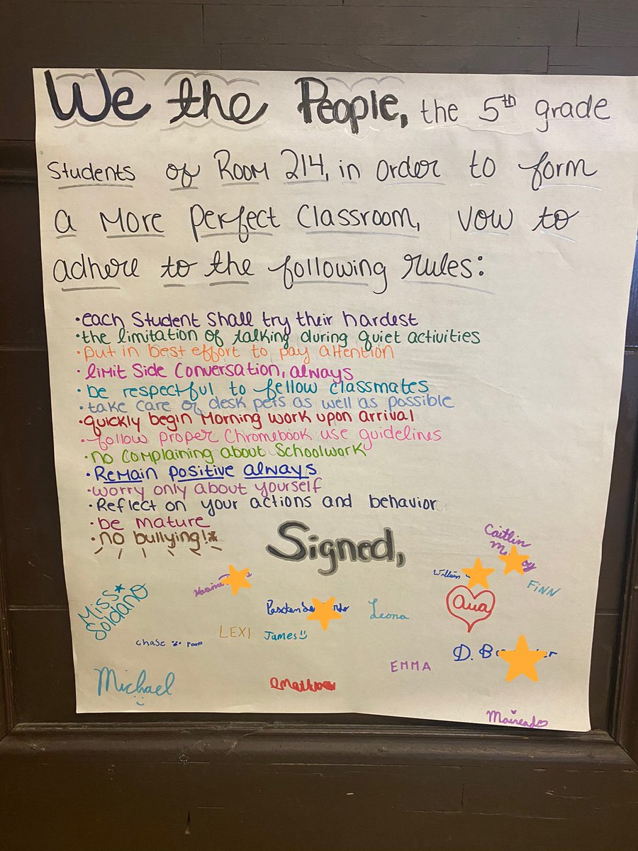 MissSoldano's tweet photo. 5th grade held their own Constitutional Convention to form our own classroom rules last week and today we signed our Constitution into effect 📜 such a fun addition to our government unit! https://t.co/NJKbuN8VAO