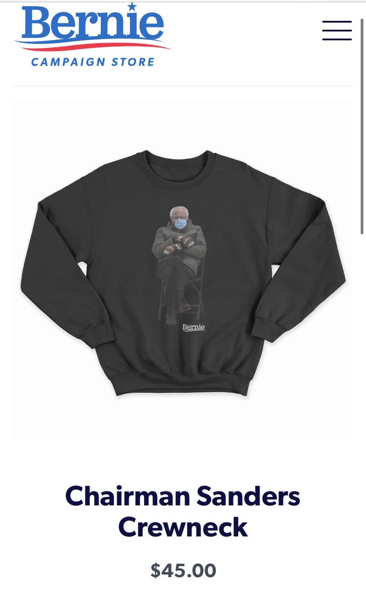 WardDPatrick's tweet image. .@BernieSanders now capitalizing on viral image, selling $45 Sweatshirts on his website. 100% of proceeds go to Meals on Wheels Vermont.