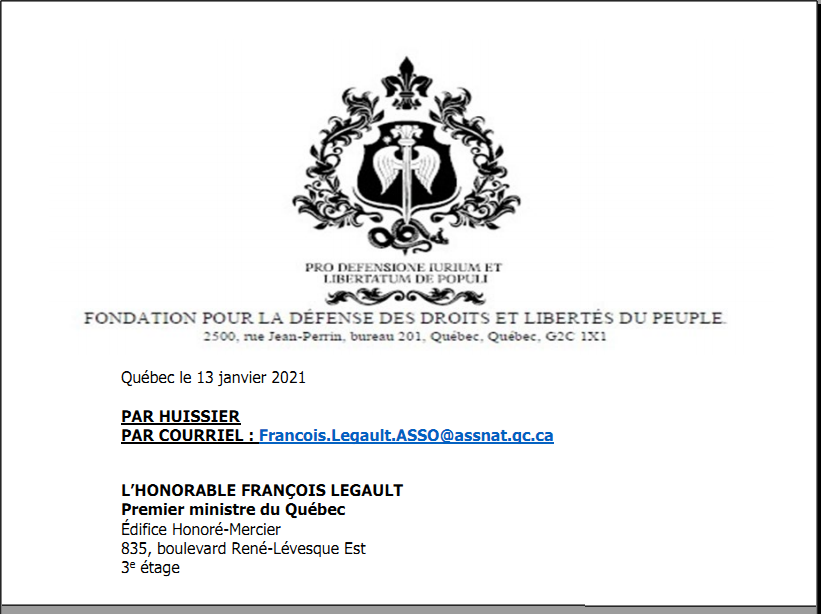 QComState's tweet photo. @ThomasGerbet A voir l'excellente lettre du FDDLP adressée par huissier à François Legault le 13 janvier 2021 concernant les «vaccinations» : https://t.co/iYGnplmjcI https://t.co/gpy16O18sJ