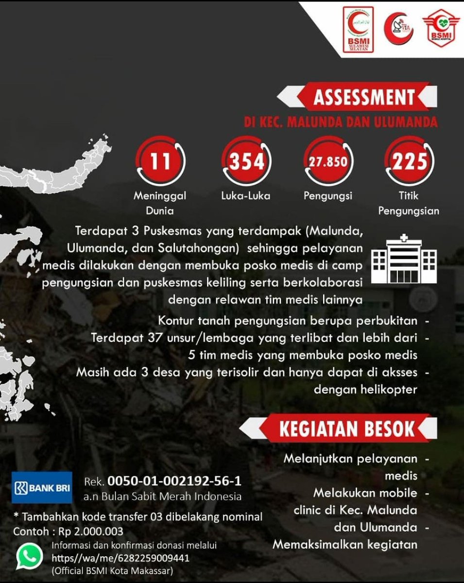 BSMISociety's tweet photo. 📢SITUATIONAL REPORT GEMPA SULBAR📢

UPDATED Selasa, 19 Januari 2020.
Berikut info terbaru mengenai Posko, Koordinasi, Assessment dan Rencana Selanjutnya dari Tim BSMI di Lokasi Bencana.

Salam Kemanusiaan Tanpa Batas!
Selamatkan 1 Jiwa, Sambung 1000 Ada
BSMI https://t.co/9EqTEaS5hx