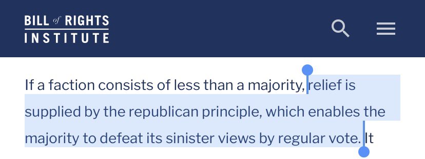 Here is Madison calling majority rule the “republican principle” in Federalist 10. Madison and the framers made clear again and again that within their complicated system of checks and balances aimed at protecting minority factions, decision points should be majority rule.