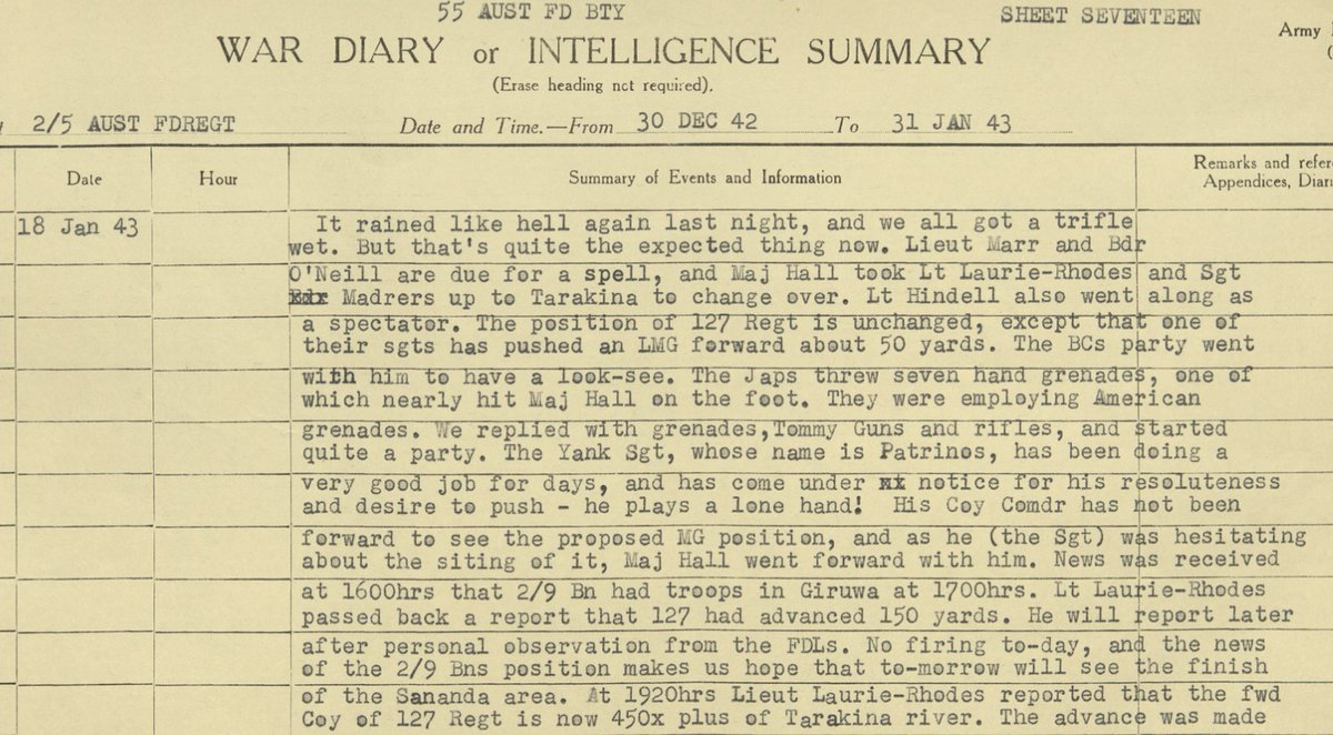 8/The next day a few officers and men of the Australian 55th Battery, in support of the 127th American Regiment, moved up to observe why the American advance was blocked. Battery Commander, Major Hall, was impressed with the American sergeant's "lone hand" initiative & courage.